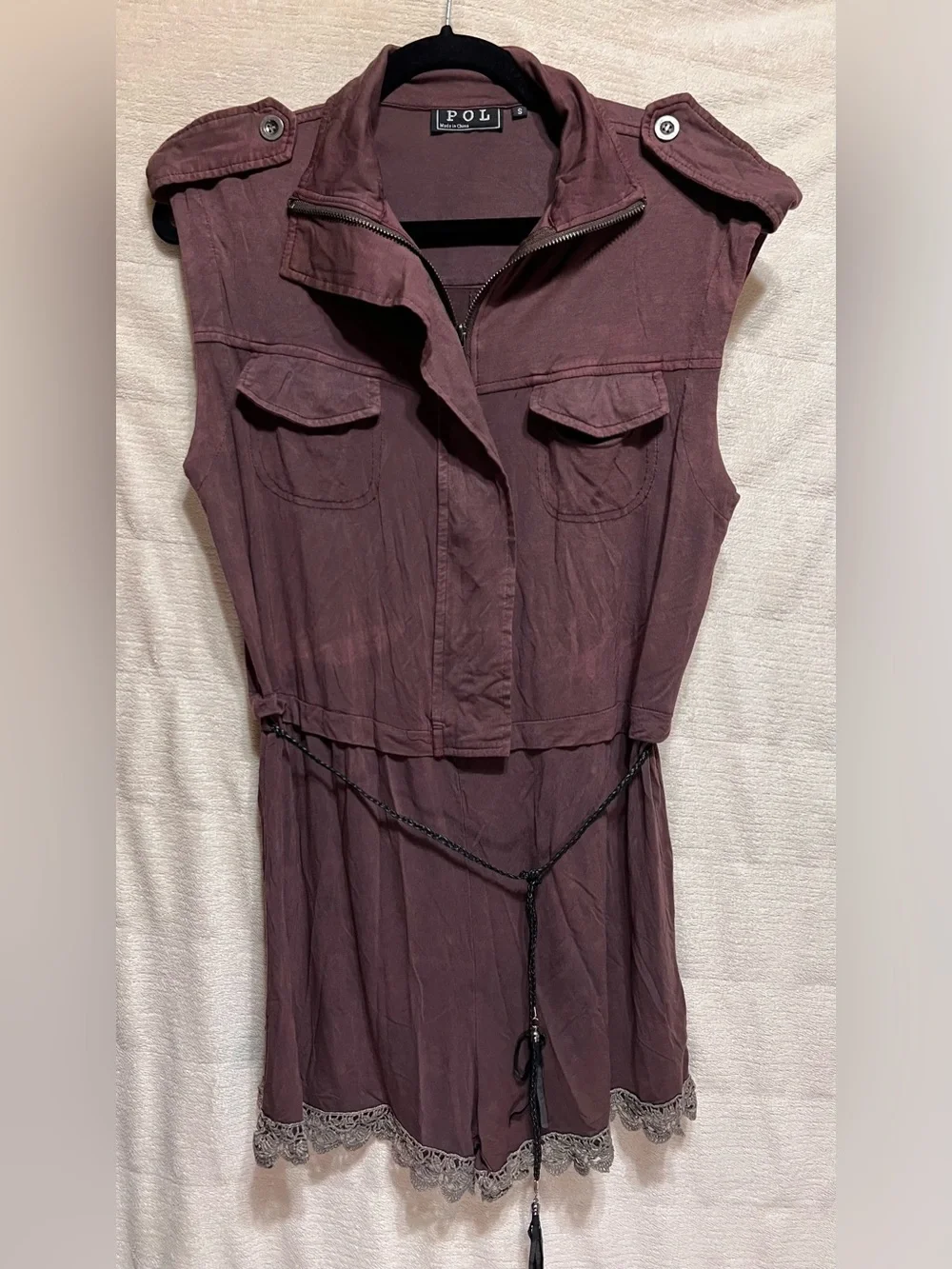 POL Dusty Mauve Utility Romper Leather Tassel Belt Lace Trim Zip Front Boho S - Picture 1 of 8